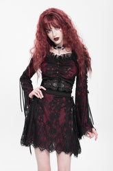Red Square Collar Long Sleeves Floral Embroidery Lace Lace-Up Women's Gothic Dress